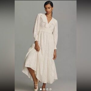 Anthropologie Long Sleeve Ruffle Neck Maxi Dress Print Lined Smocked Ivory